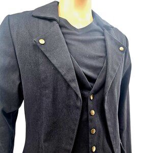 Mens Black Canvas Tailcoat Gothic Victorian Style Jacket Brass Button, Large